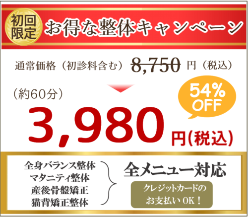 南光台の斎藤接骨院では初回限定のお得な整体キャンペーン(60分:3,980円)を行っています