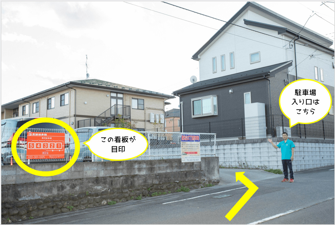 フェンスで囲まれた駐車場があります。駐車場は1から5のどこかにお停めください。